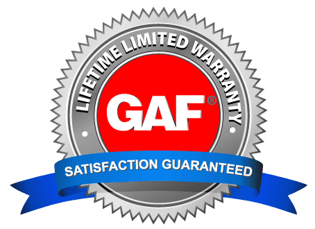 GAF warranty seal with red circle, silver border, and blue ribbon stating satisfaction guaranteed.