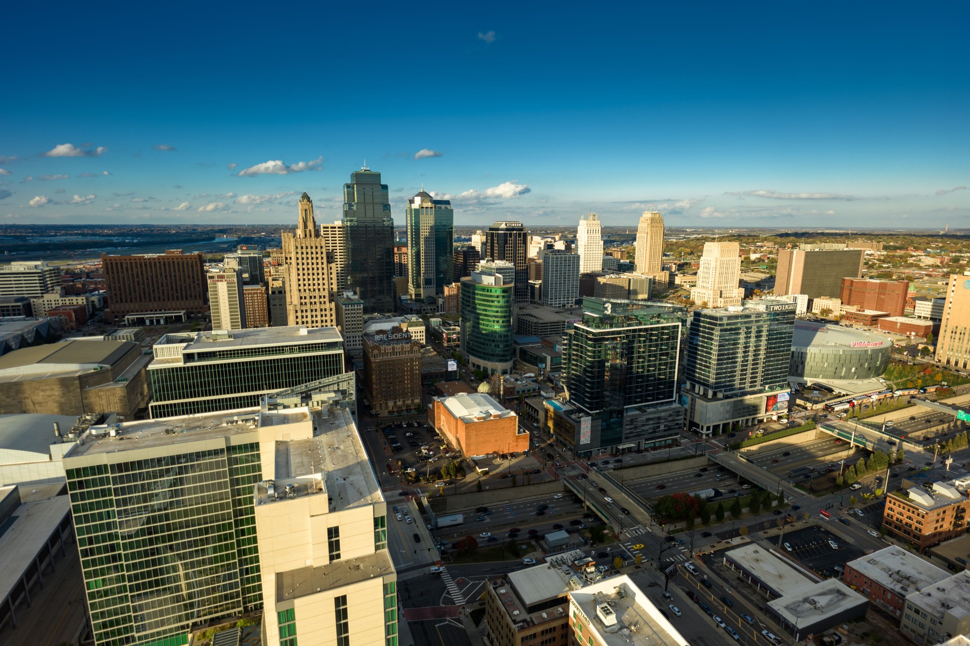 Power and Light District in Downtown Kansas City, Missouri - Aerial Shot