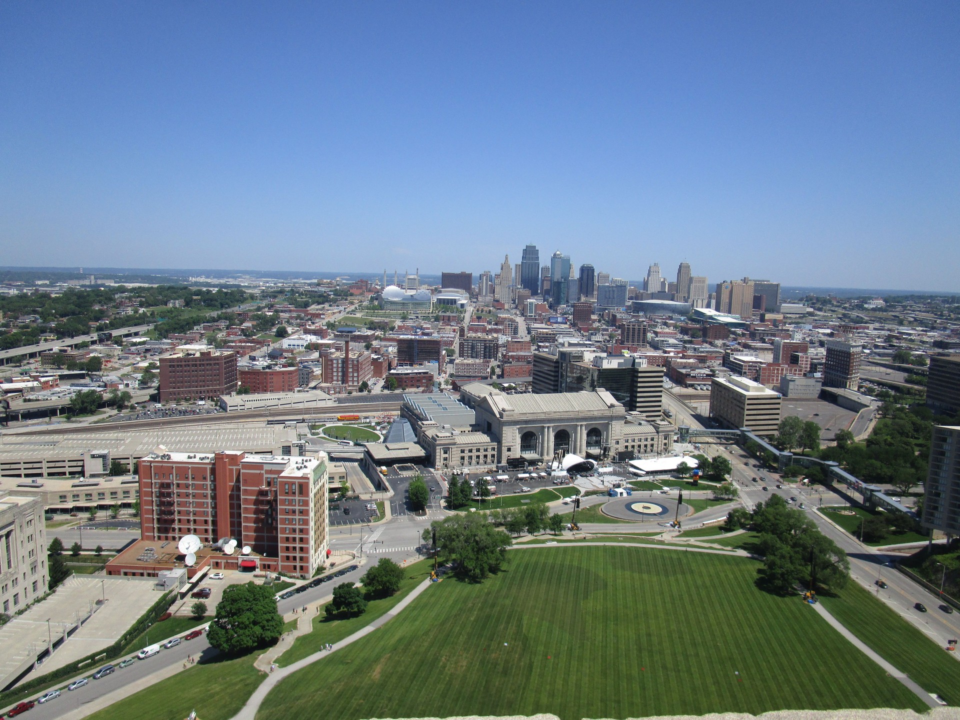 Union Station and downtown Kansas City, Missouri on Labor Day weekend with flags and clear blue skies from the Liberty Memorial.